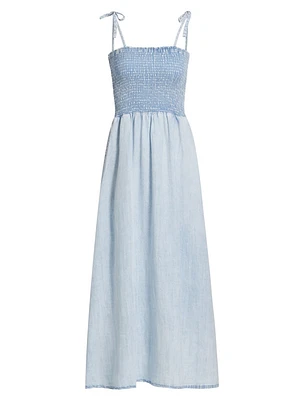 Smocked Denim Tie-Strap Midi Dress