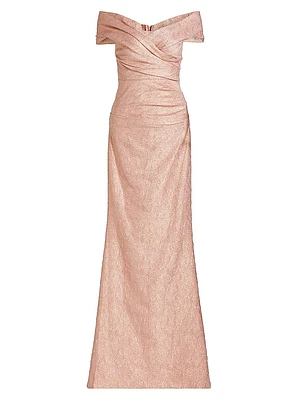Metallic Jacquard Off-the-Shoulder Gown