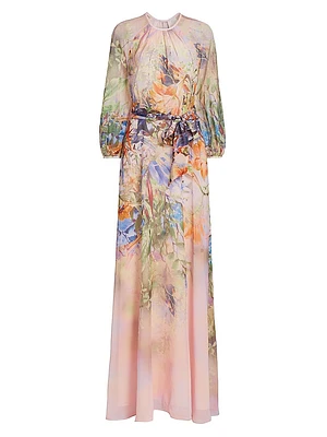 Floral Chiffon Long-Sleeve Gown