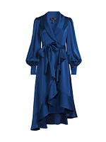Satin Ruffle High-Low Hem Wrap Dress