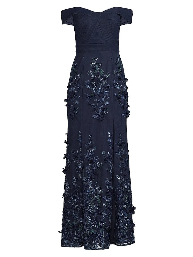 Sequined Floral-Embroidered Off-The-Shoulder Gown
