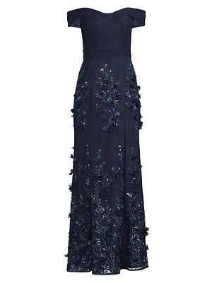 Sequined Floral-Embroidered Off-The-Shoulder Gown