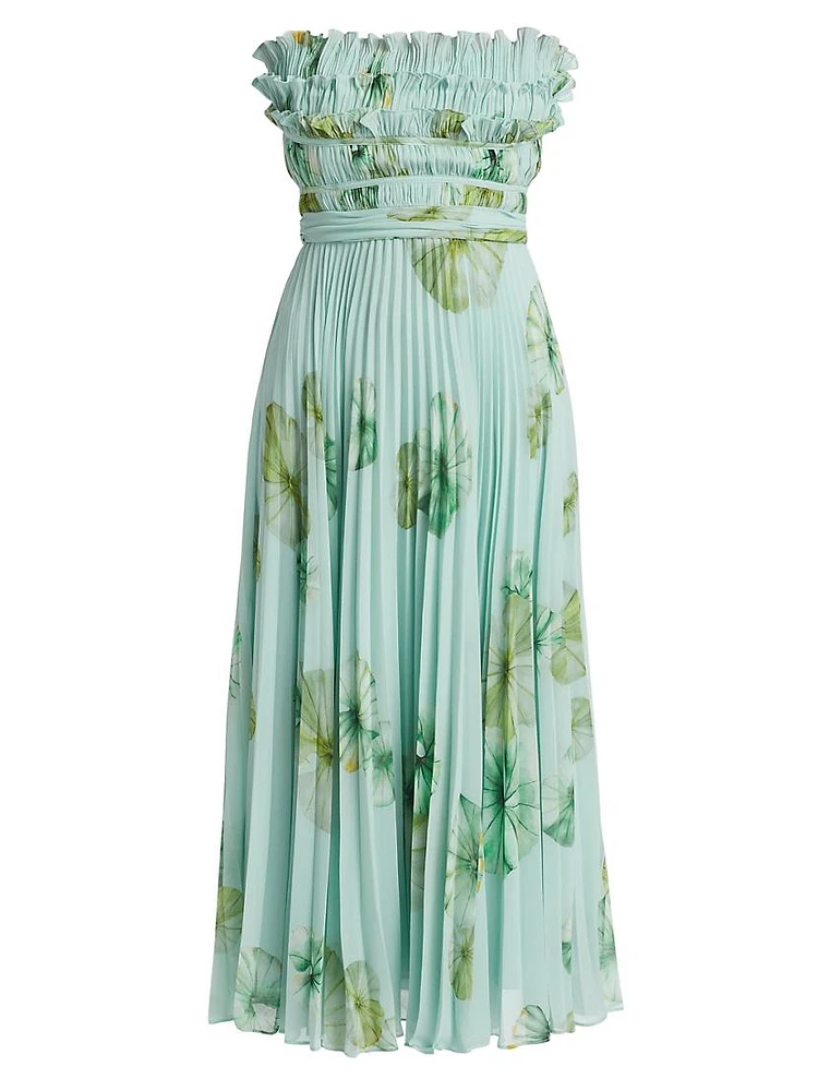 Cathy Floral Plissé Strapless Midi-Dress