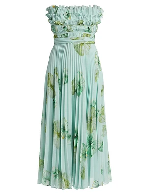 Cathy Floral Plissé Strapless Midi-Dress