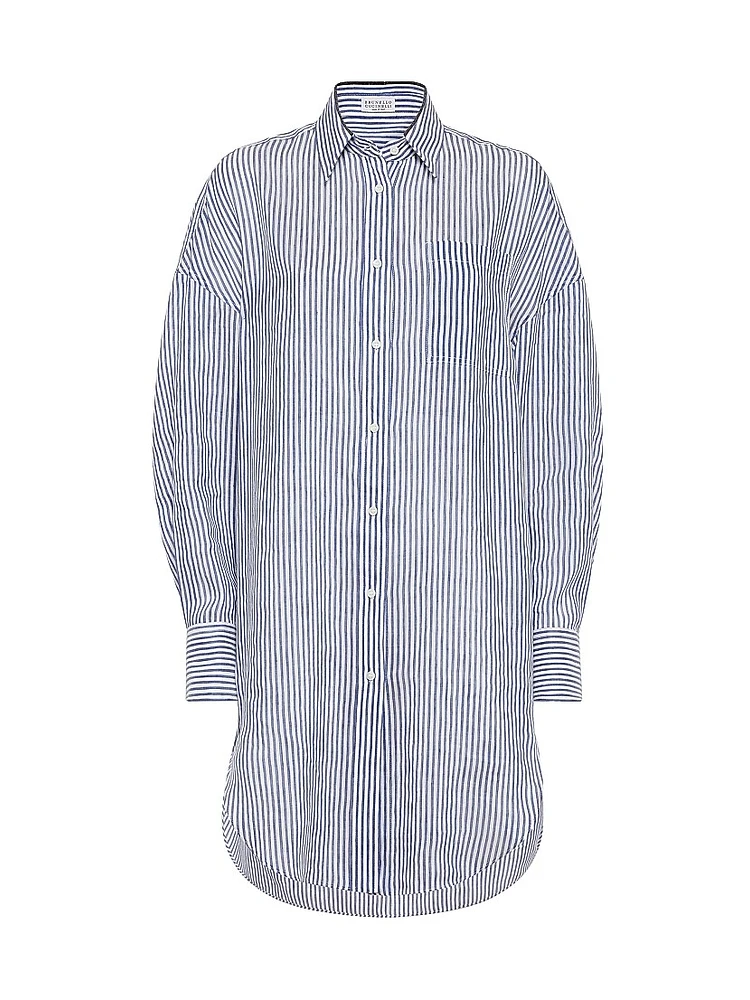 Striped Linen and Silk Organza Long Shirt