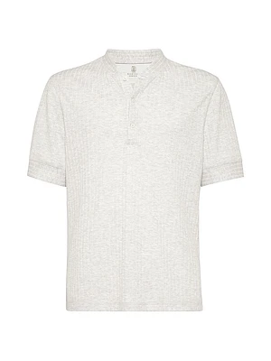 Ribbed Linen and Cotton Jersey T-Shirt with Henley Collar