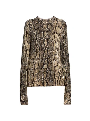Snakeskin Print Cable-Knit Crewneck Sweater