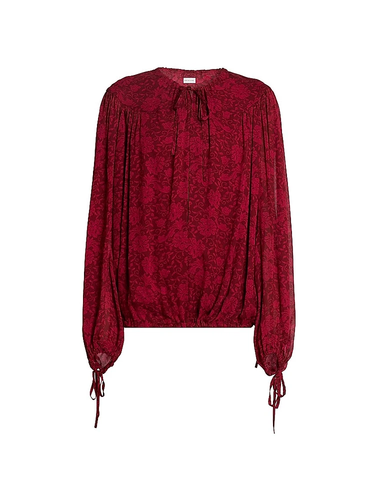 Floral Tieneck Elasticized-Hem Blouse