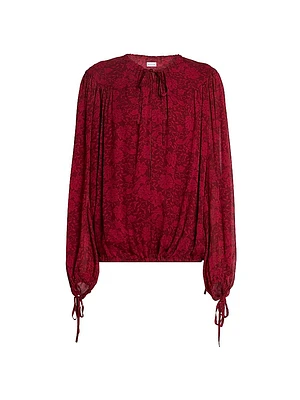 Floral Tieneck Elasticized-Hem Blouse
