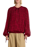 Floral Tieneck Elasticized-Hem Blouse