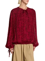 Floral Tieneck Elasticized-Hem Blouse