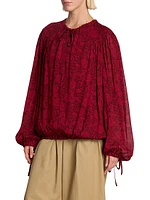 Floral Tieneck Elasticized-Hem Blouse