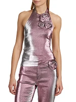 Stretch-Lamé Rosette Halter Top