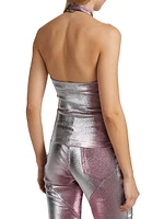 Stretch-Lamé Rosette Halter Top