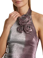 Stretch-Lamé Rosette Halter Top