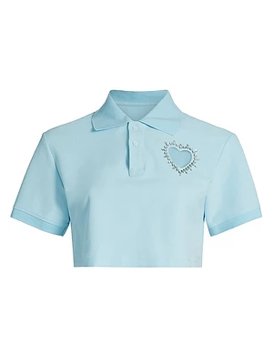 Crystal Heart Cut-Out Crop Polo Shirt