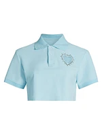 Crystal Heart Cut-Out Crop Polo Shirt