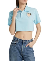 Crystal Heart Cut-Out Crop Polo Shirt