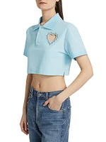 Crystal Heart Cut-Out Crop Polo Shirt