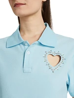 Crystal Heart Cut-Out Crop Polo Shirt