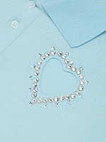 Crystal Heart Cut-Out Crop Polo Shirt