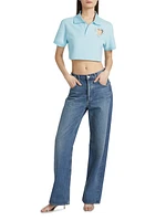 Crystal Heart Cut-Out Crop Polo Shirt