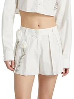 Crystal Rosette Pleated Cotton Poplin Skort