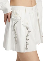 Crystal Rosette Pleated Cotton Poplin Skort