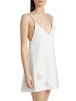 Crystal Rosette Cotton Poplin V-Neck Minidress
