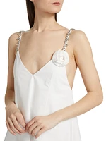 Crystal Rosette Cotton Poplin V-Neck Minidress