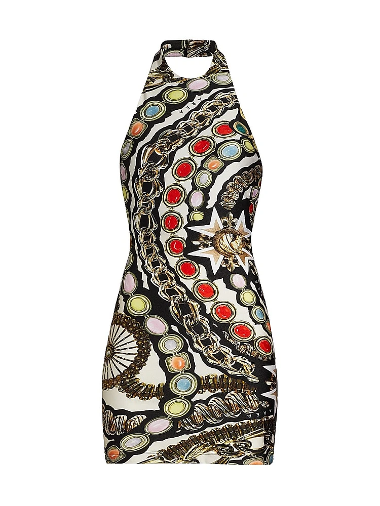 Gemstone-Chain Printed Halterneck Minidress