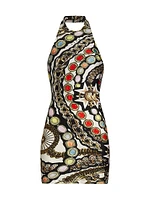 Gemstone-Chain Printed Halterneck Minidress