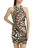 Gemstone-Chain Printed Halterneck Minidress