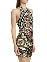 Gemstone-Chain Printed Halterneck Minidress