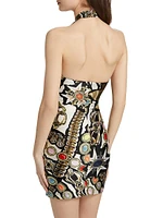 Gemstone-Chain Printed Halterneck Minidress