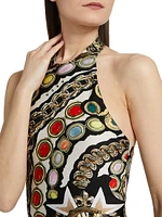 Gemstone-Chain Printed Halterneck Minidress