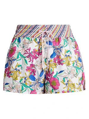 Floral & Striped High-Waisted Board Shorts