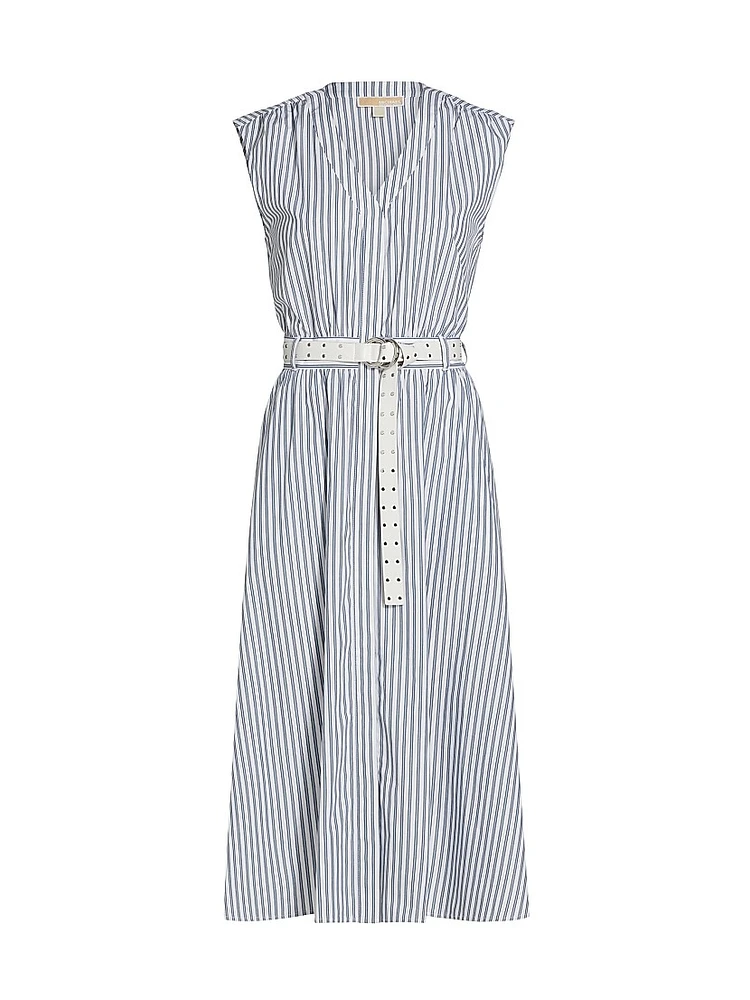 Belted Striped Cotton Midi-Dress