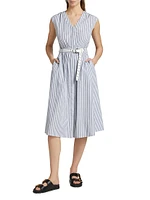 Belted Striped Cotton Midi-Dress