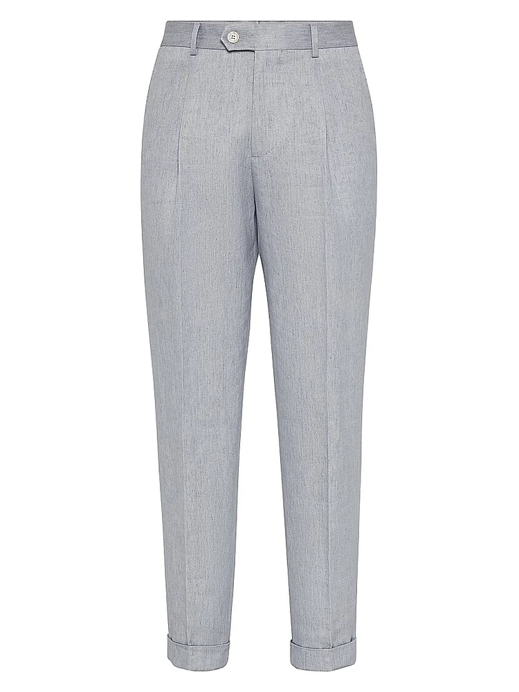 Linen Denim Leisure Fit Trousers with Pleat