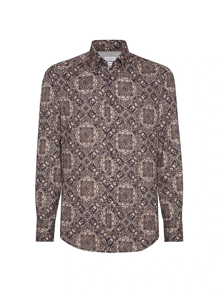 Cotton Paisley Twill Slim Fit Shirt with Button Down Collar
