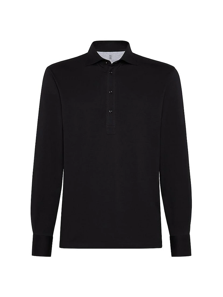 Cotton Jersey Long Sleeve Polo with Shirt Style Collar