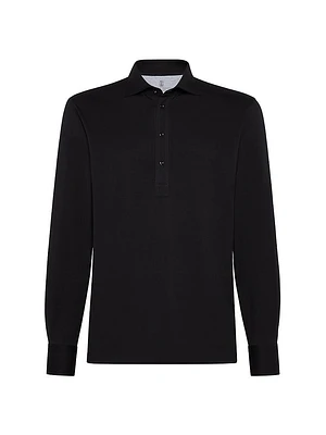 Cotton Jersey Long Sleeve Polo with Shirt Style Collar