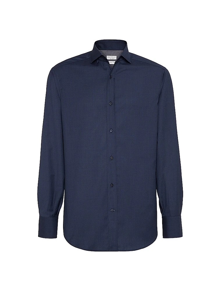 Virgin Wool Poplin Basic Fit Shirt with Spread Collar
