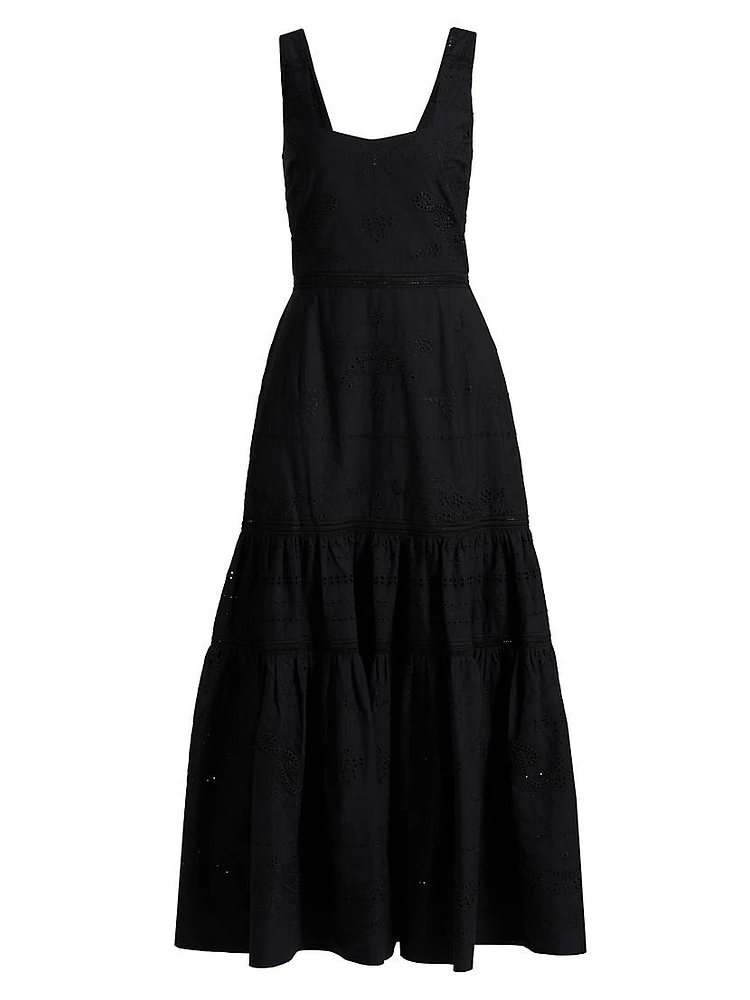 Embroidered Cotton Sleeveless Tiered Maxi Dress