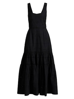 Embroidered Cotton Sleeveless Tiered Maxi Dress