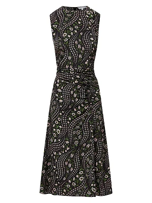 Viviana Gathered Floral Stretch-Silk Midi-Dress