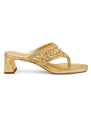 Alia 50MM Metallic Leather Weave Block-Heel Sandals