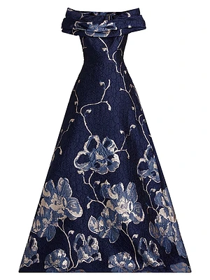 Floral Jacquard Off-The-Shoulder A-Line Gown