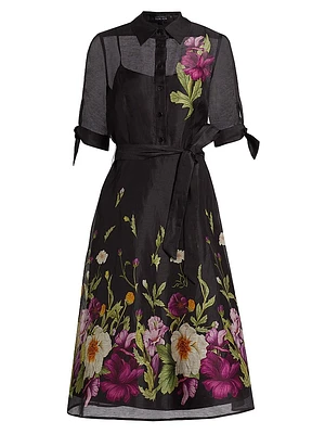 Floral Silk-Linen Tie-Waist Cocktail Dress